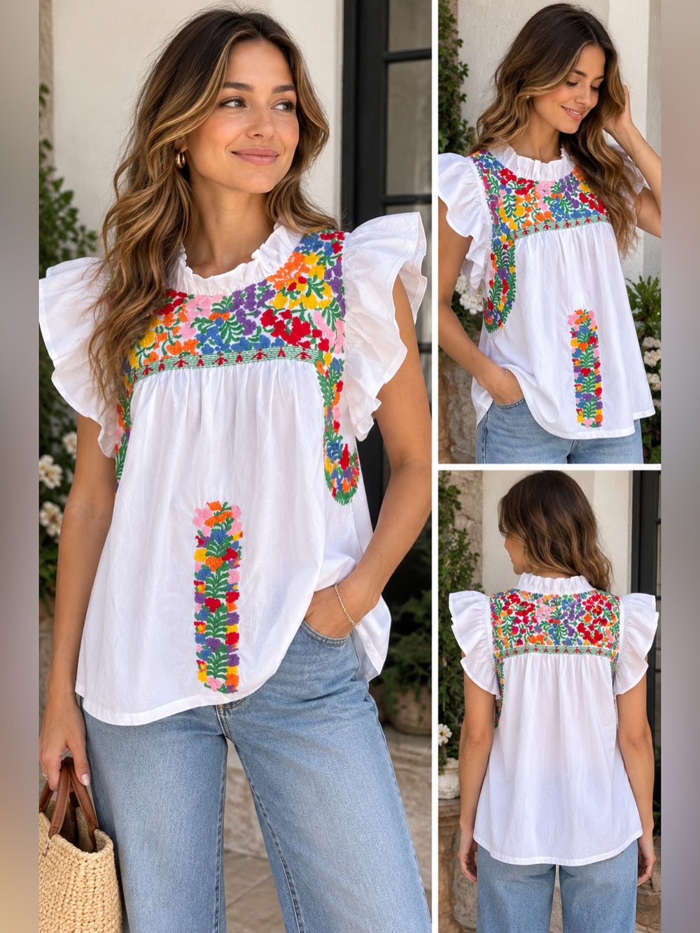 J. Marie Embroidered Floral Ruffle Sleeve Blouse White Multicolor Size M